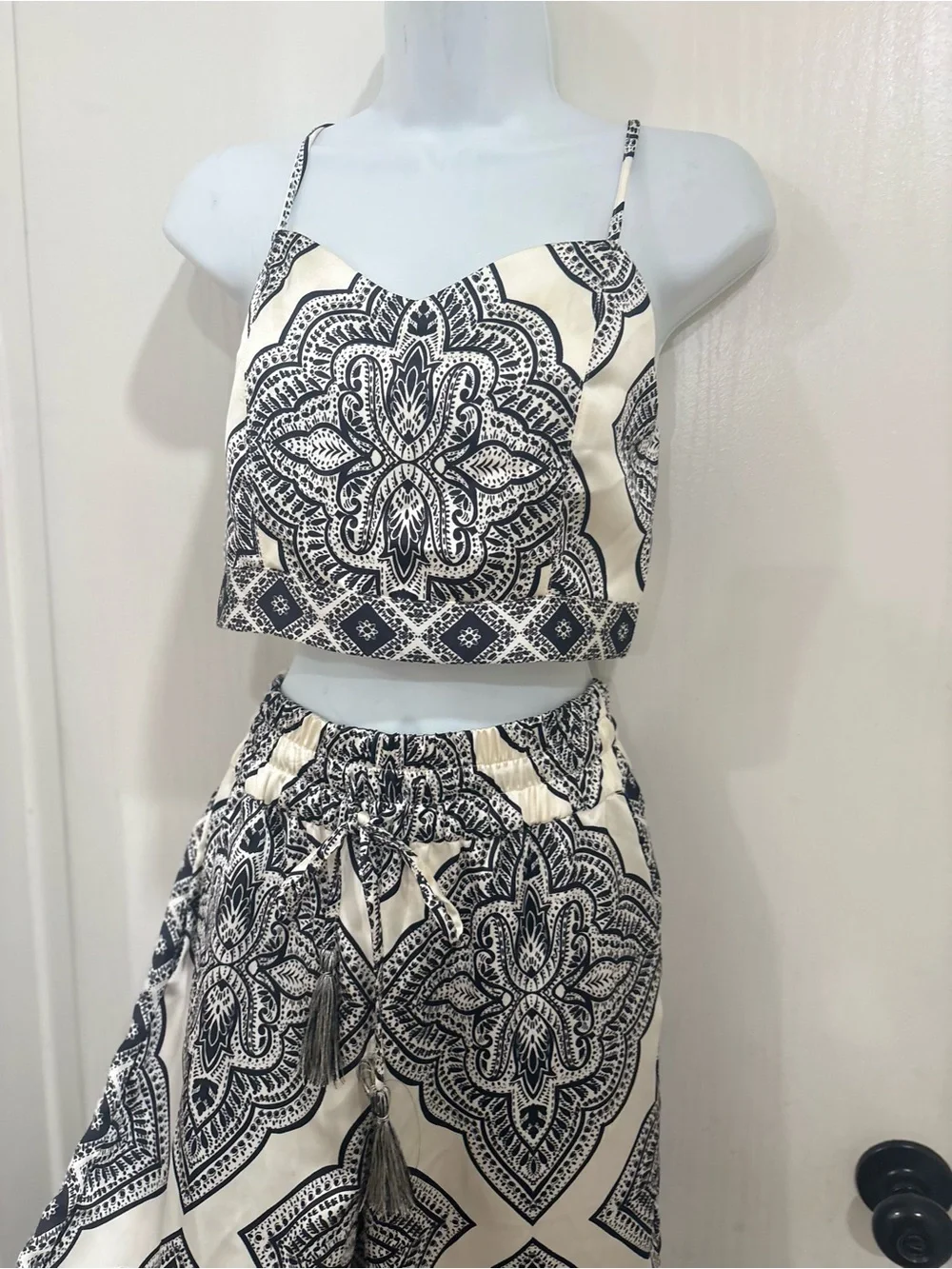 Women's 2pc matching shirt Black & Cream Printed Wide-Leg pant bohemian beach